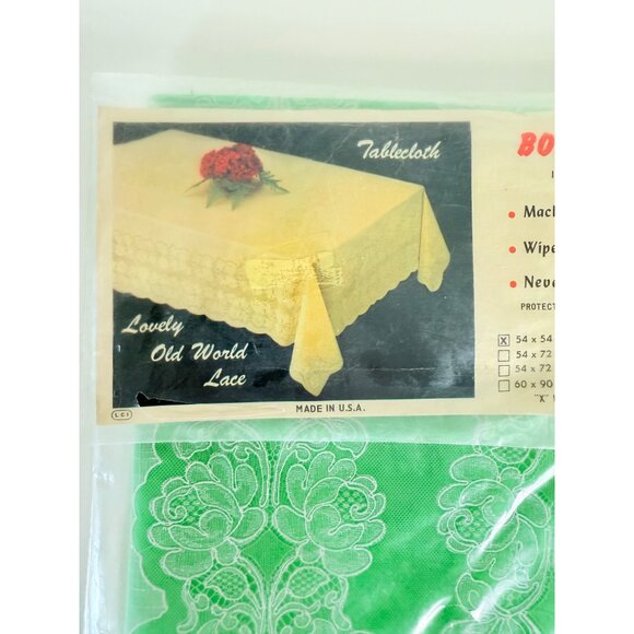 Bouquet Lace Green Vinyl Tablecloth 54 X 54 Square VTG 60s Machine Washable USA - Picture 3 of 5